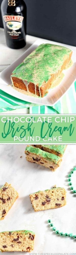 Collage of two images showing a loaf cake and slices of it with the text 'chocolate chip irish cream pound cake'