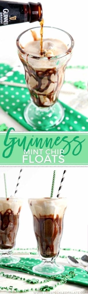 Collage of two images showing beer floats from two different angles with the text 'guinness mint chip floats'