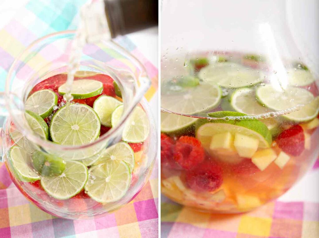 A collage of two images showing how to make a white wine sangria recipe