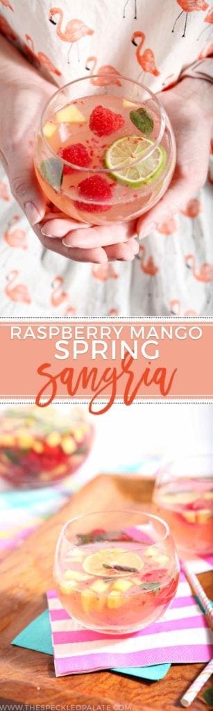 Collage of two images showing sangria in a woman's hand and a cup of it on a tray with the text 'raspberry mango spring sangria'