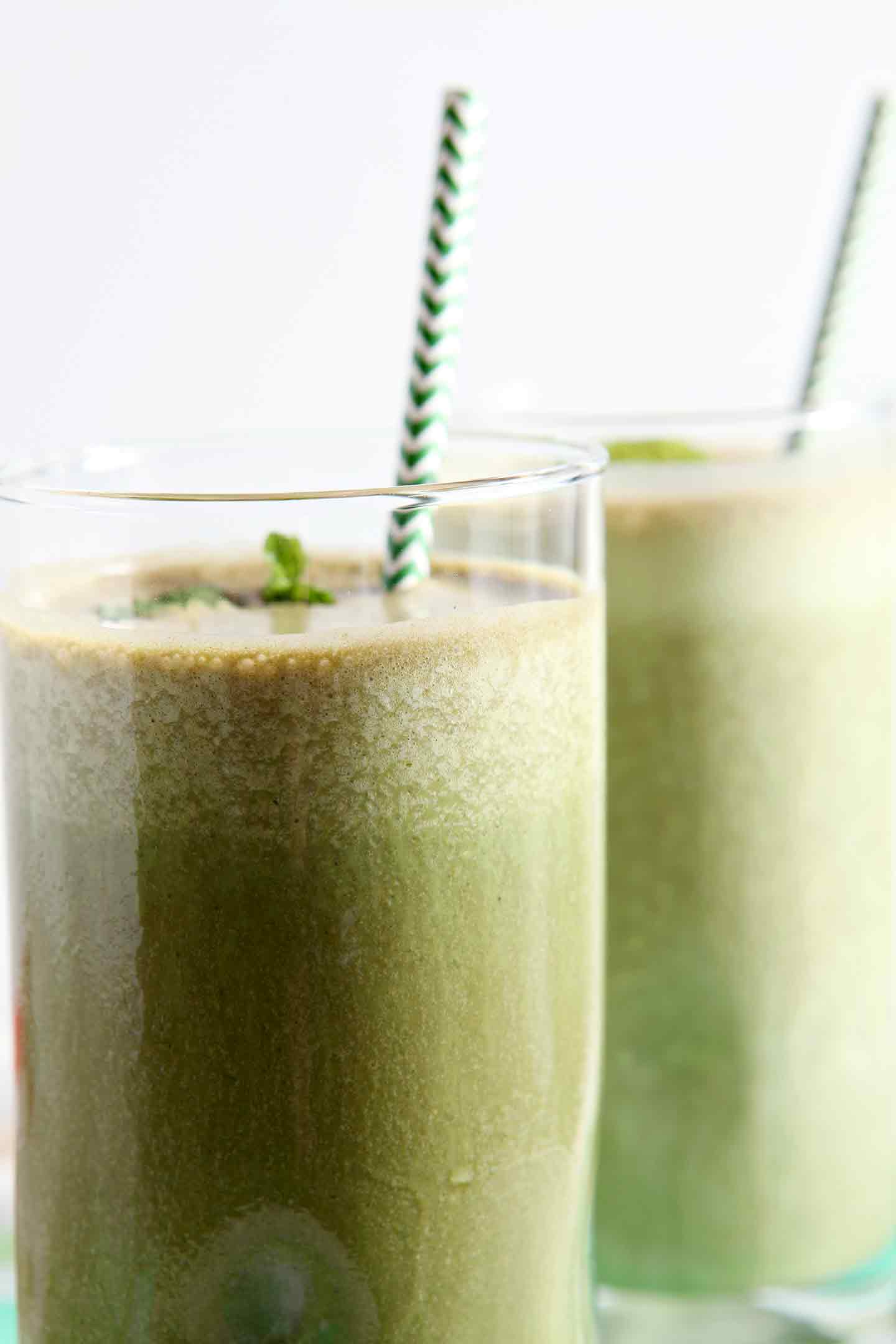 close up of two thin mint smoothies