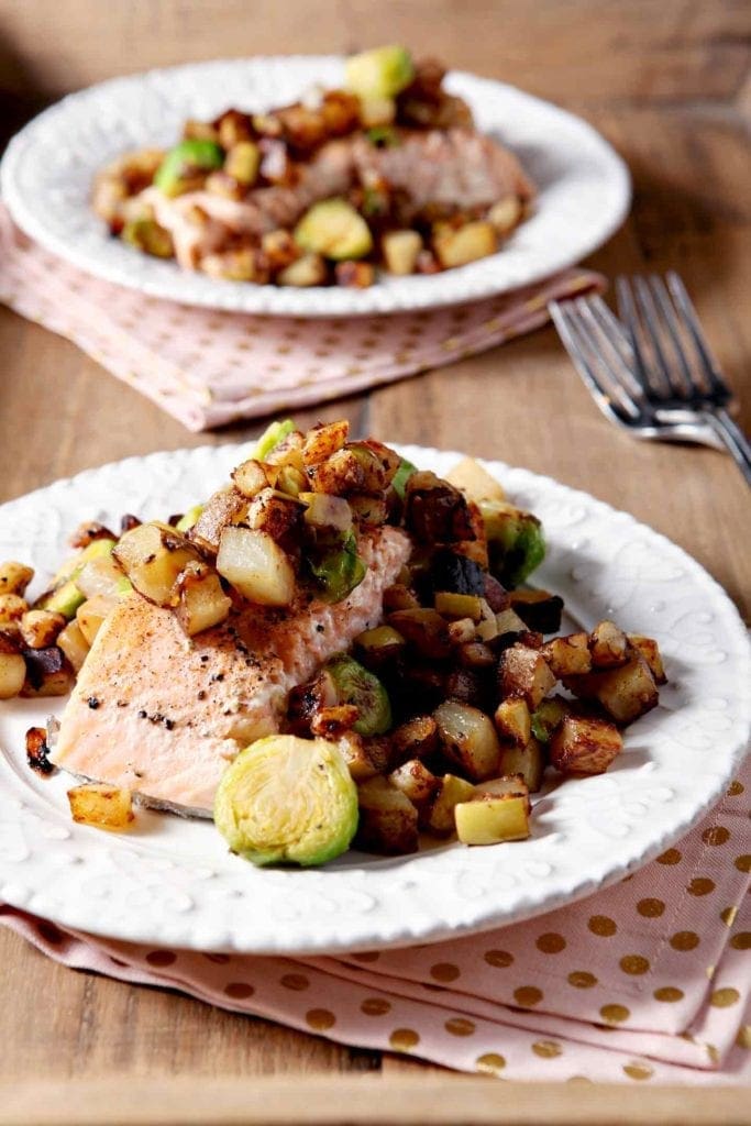 Vegetable hash on white plate 