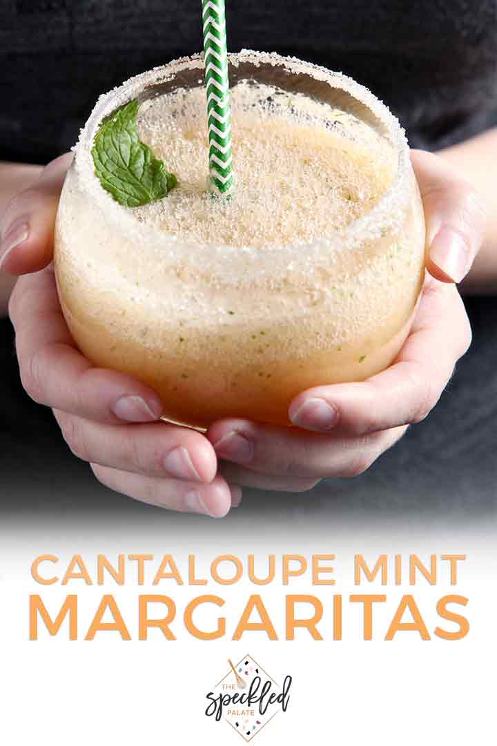 A woman holds a Cantaloupe Mint Margarita between her hands, with Pinterest text