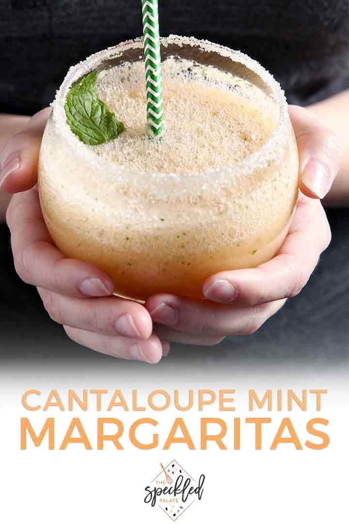 A woman holds a Cantaloupe Mint Margarita between her hands, with Pinterest text