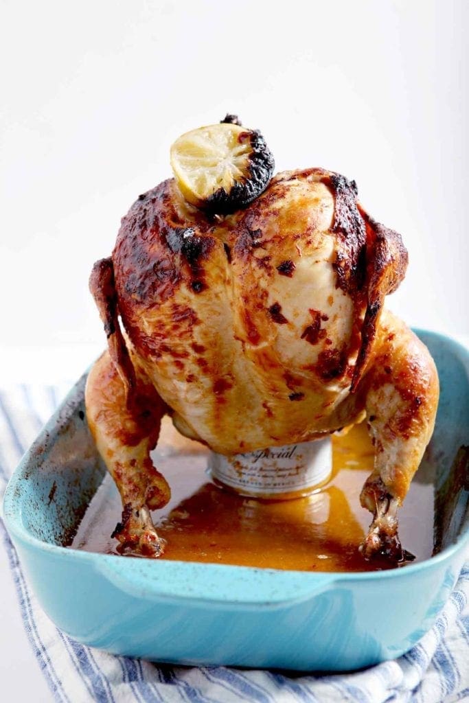 beer can chicken in a blue pan