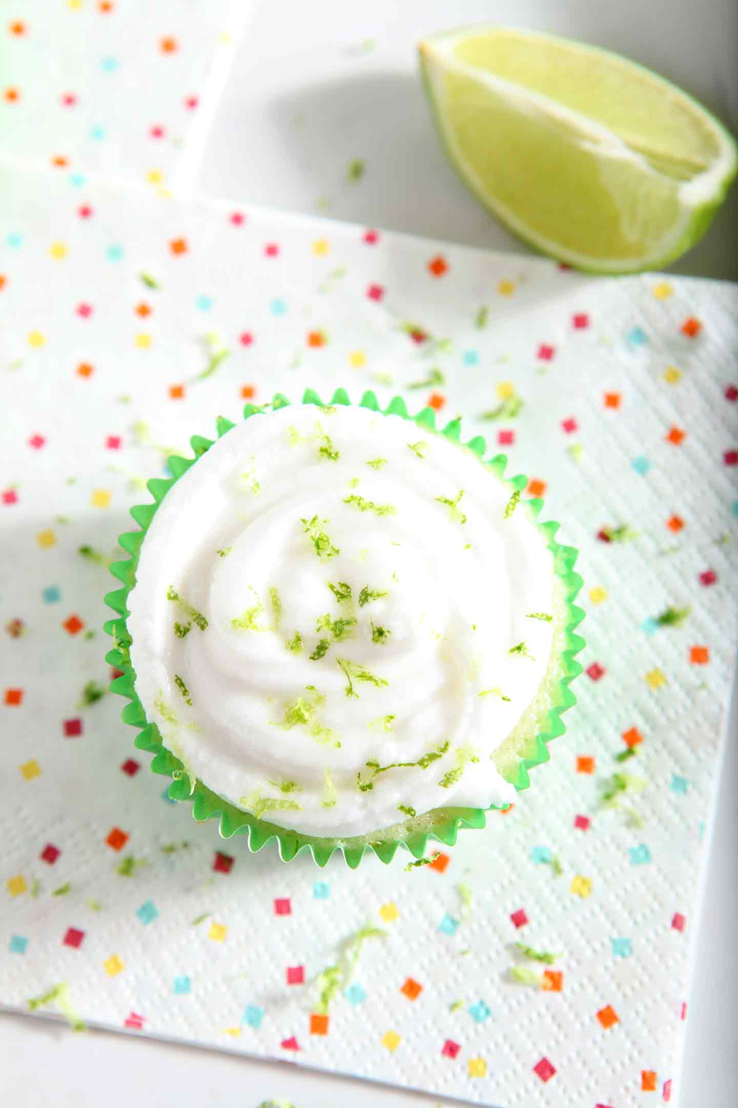 Close up of a Margarita Cupcake with Salted Tequila Frosting from above