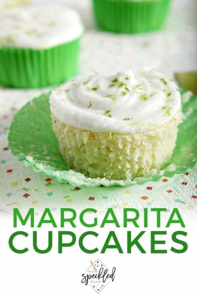 Close up of Margarita Cupcakes with Salted Tequila Frosting with Pinterest text