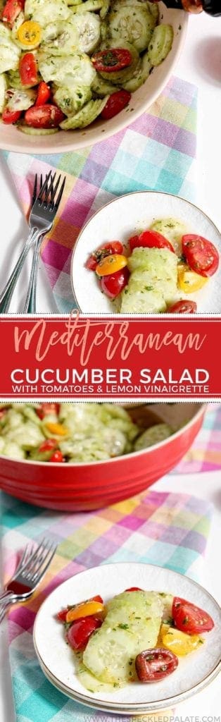 Mediterranean Cucumber Salad with Heirloom Tomatoes and Lemon Vinaigrette makes a delicious side for a spring or summer get-together, BBQ, Easter meal and more! #recipe #sidedish #salad