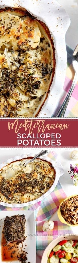 Mediterranean Scalloped Potatoes make a scrumptious side dish for any get-together. Cheesy and flavorful, these potatoes are the perfect Easter dinner side! #recipe #Easter #dinner #sidedish