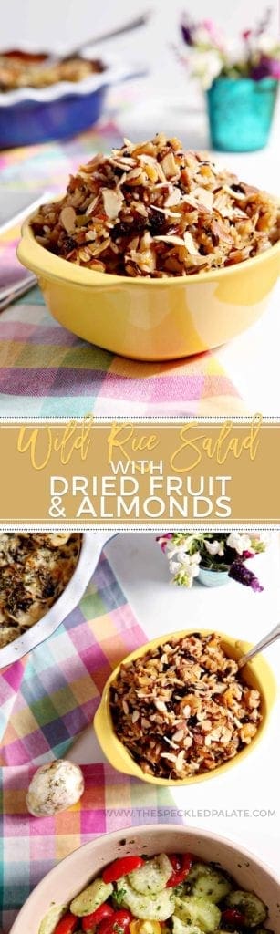 Wild Rice Salad with Dried Fruit and Almonds makes a sweet-savory side! This lemony vegan wild rice dish highlights toasted almonds, dried apricot and currant! #recipe #Easter #Christmas #Thanksgiving #holiday #side