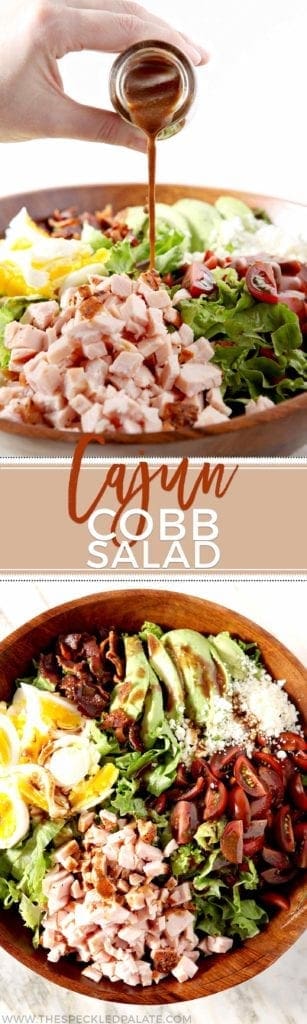 Collage of two images showing a Cajun Cobb Salad in wood bowl with the text Cajun Cobb Salad