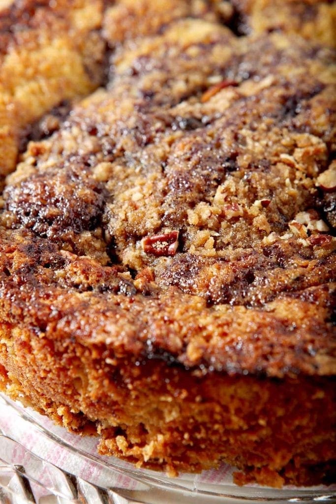 Close up of the streusel cooked into the baked good