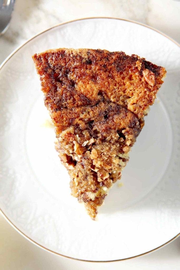 A slice from above, focused on the streusel topping