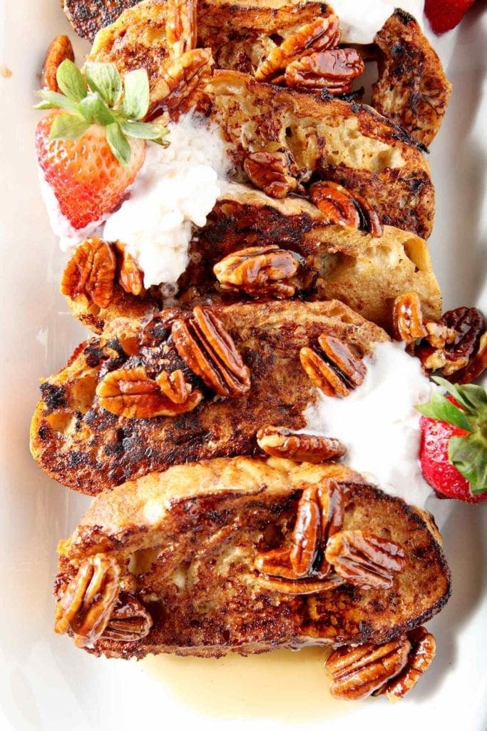 Close up of dairy free and refined sugar free Praline French Toast, shown from above