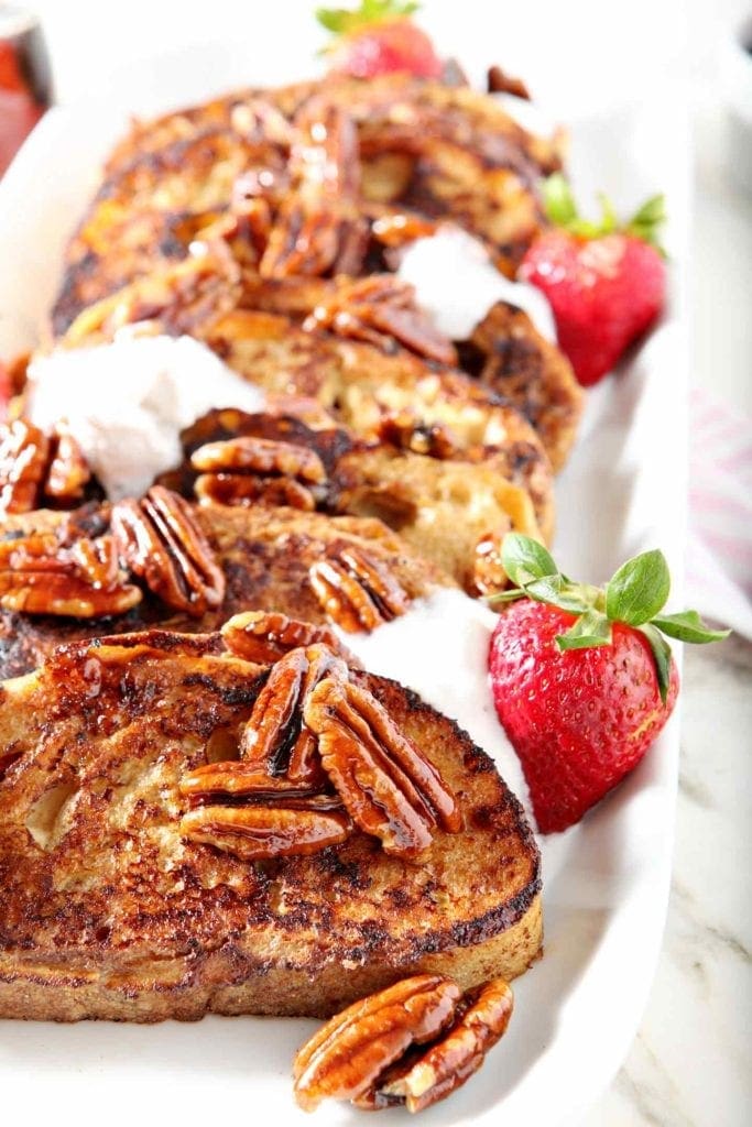 Close up of Praline French Toast on a platter before eating