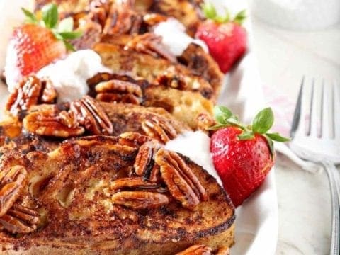 praline french toast on a white tray