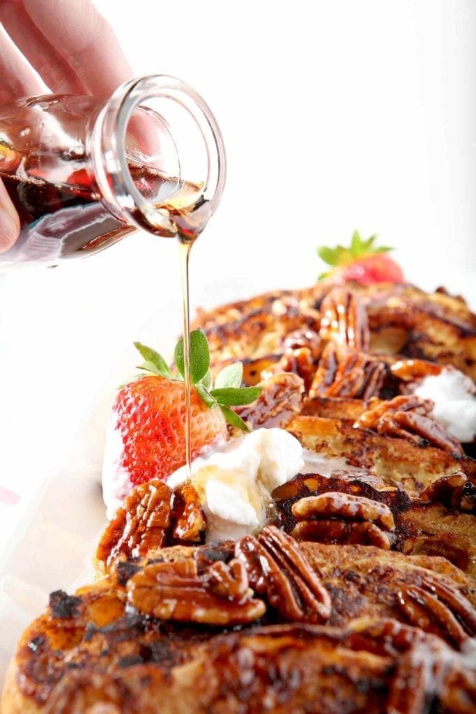 Pure maple syrup is poured on top of the dairy free brunch centerpiece