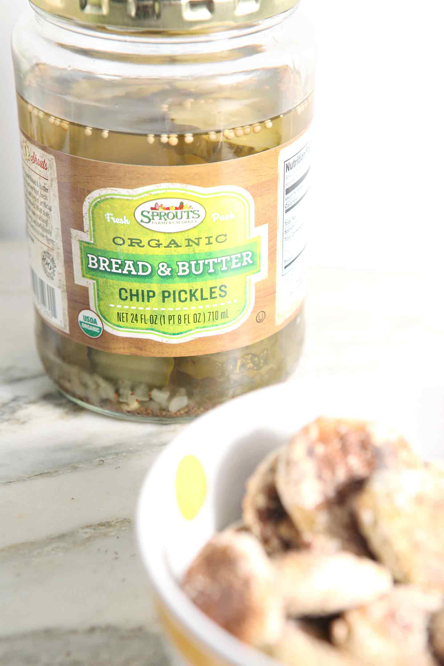 Close up of Sprouts Organic Bread & Butter Chip Pickles