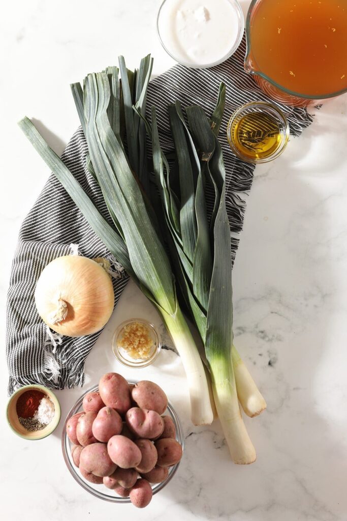  Leeks, red potatoes, an onion, spices and other soup ingredients sit on a marble countertop