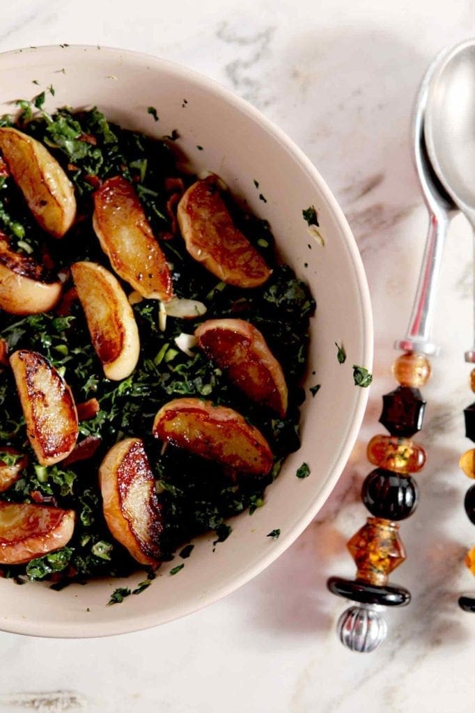 bacon apple salad in a white bowl