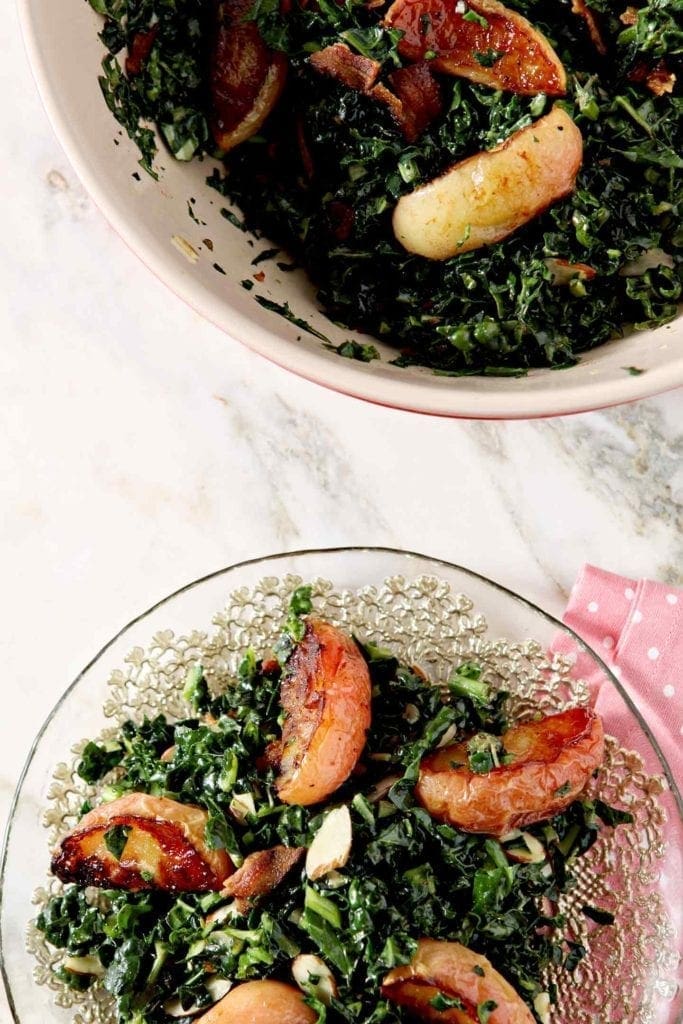 bacon apple salad on a plate and in a serving bowl