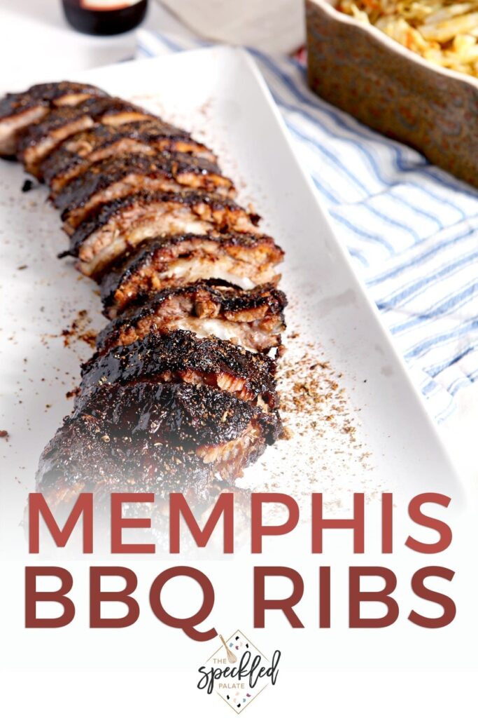 A rack of Memphis-style BBQ ribs on a platter, with Pinterest text