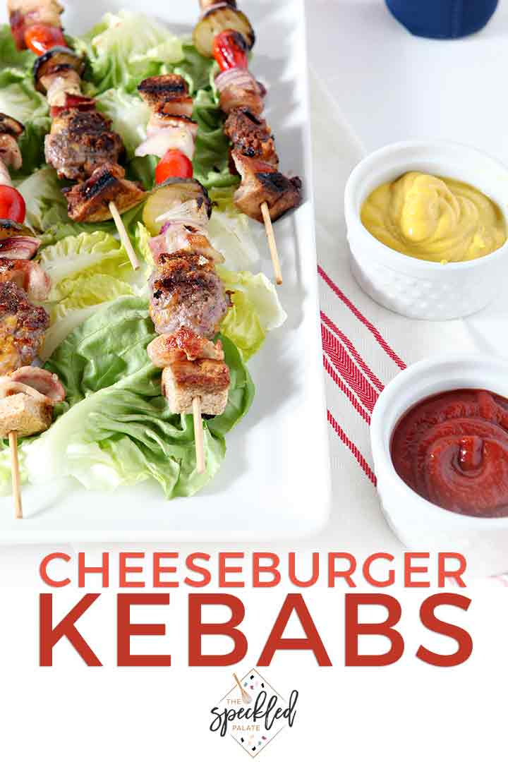 Pinterest image, showcasing a close up of Cheeseburger Kebabs