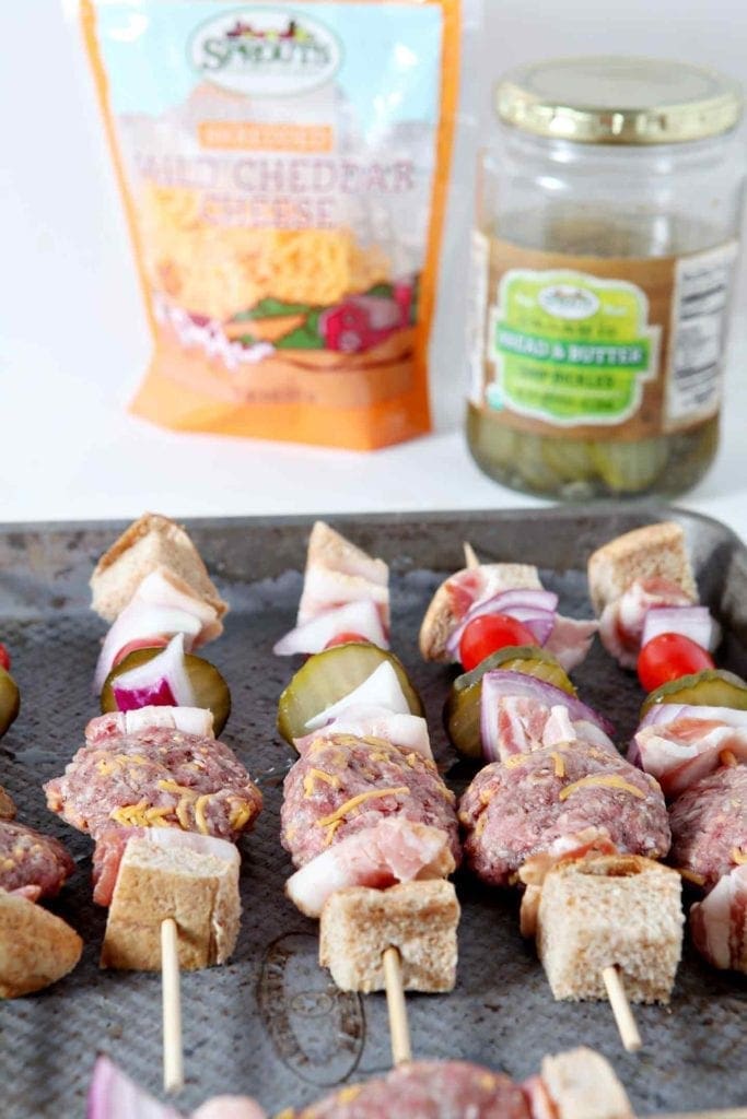 Close up of prepared burgers on a stick, before cooking