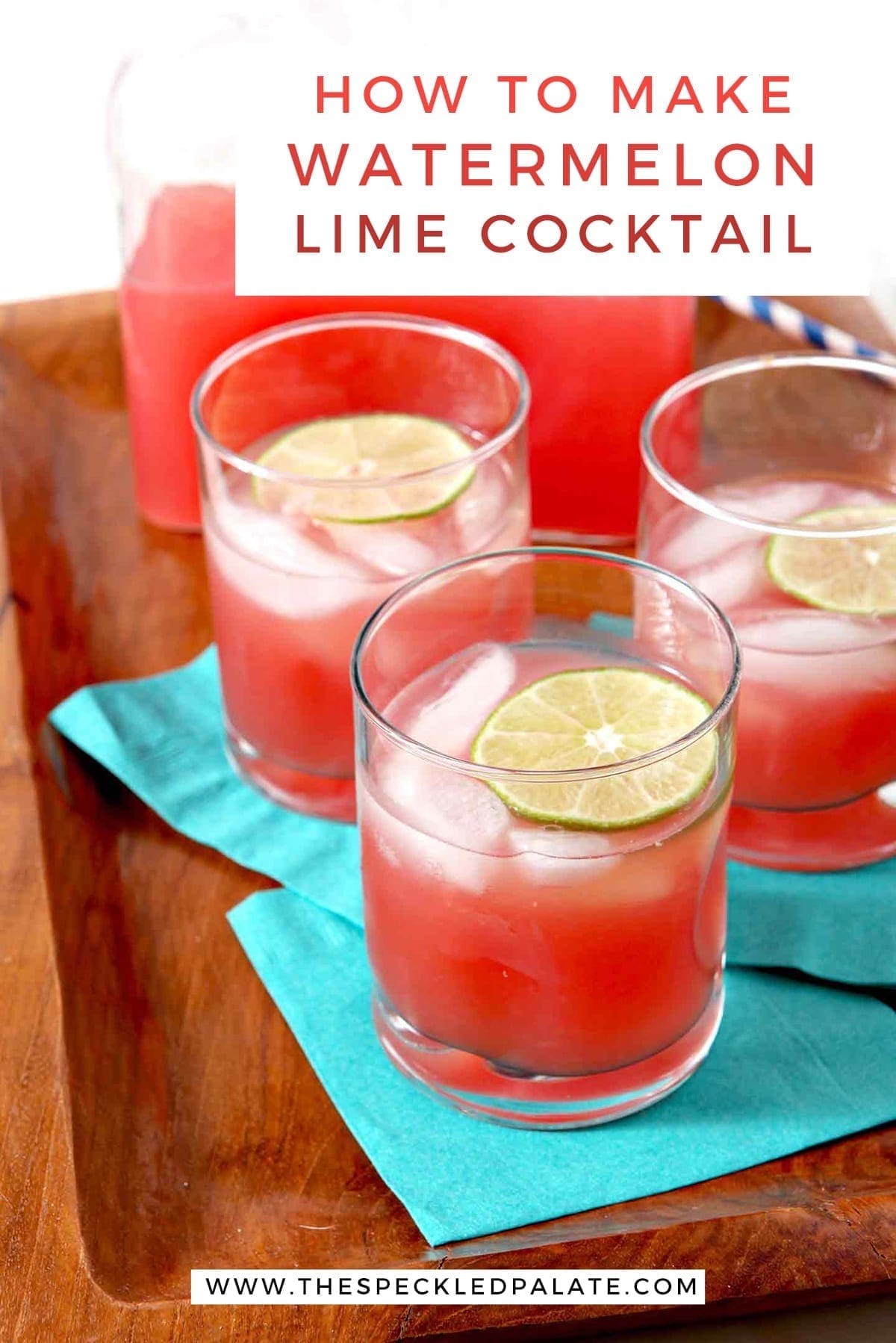 A wooden tray holds three small glasses of spiked watermelon limeade with the text 'how to make watermelon lime cocktail'