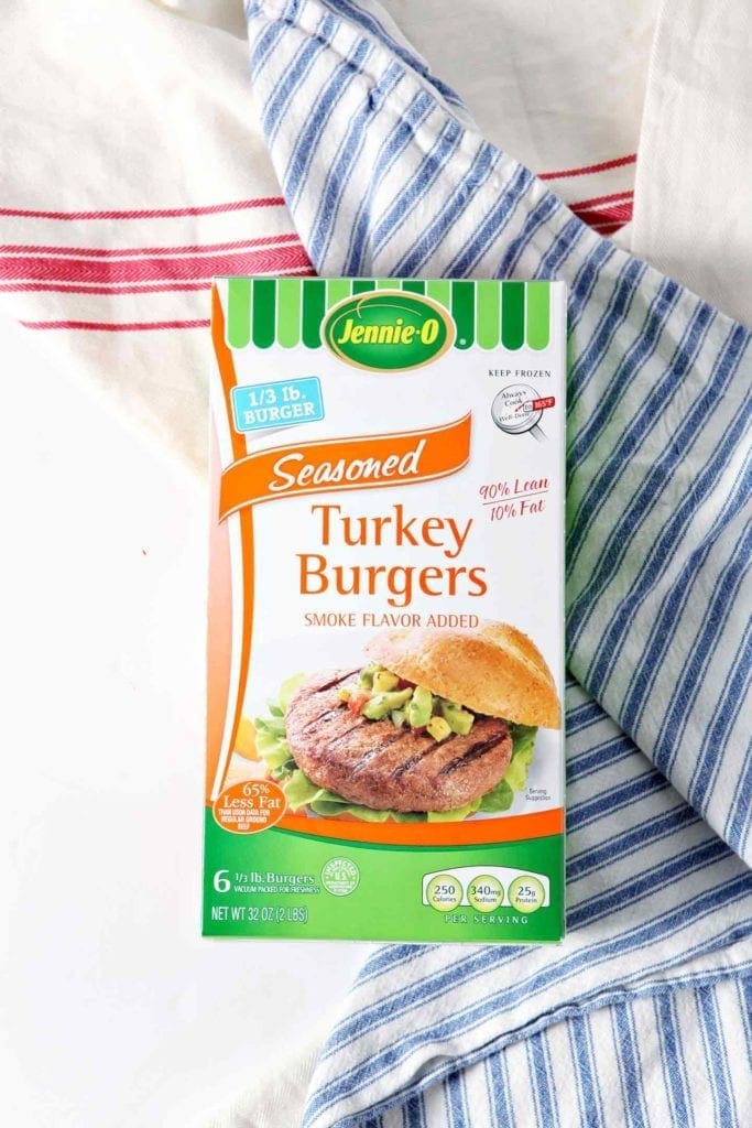 a package of turkey burgers with a blue striped napkin