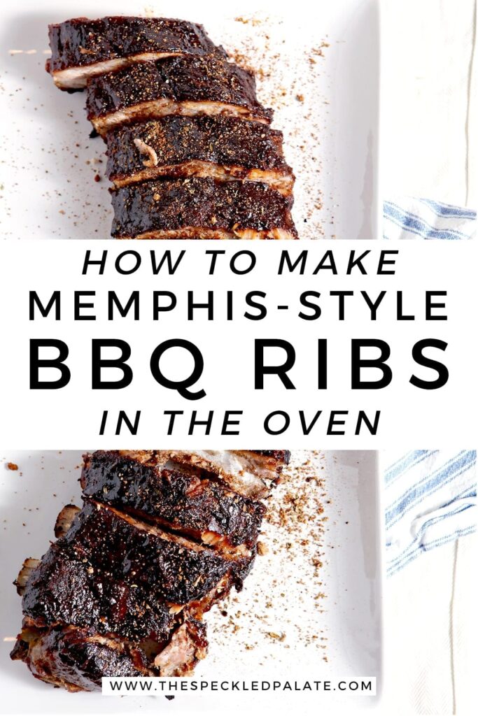 Close up of BBQ Ribs, with Pinterest text