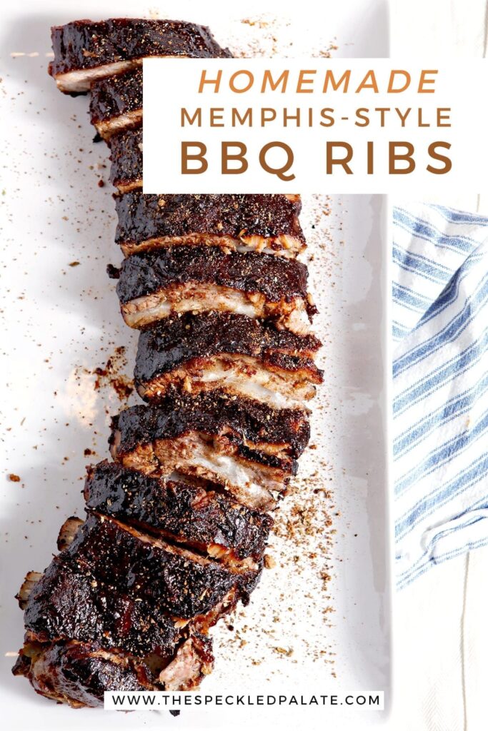 Close up of BBQ Ribs, with Pinterest text