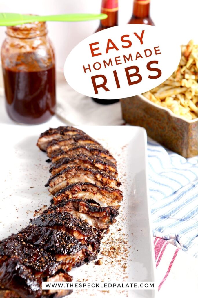 A rack of Memphis-style BBQ ribs on a platter, with Pinterest text