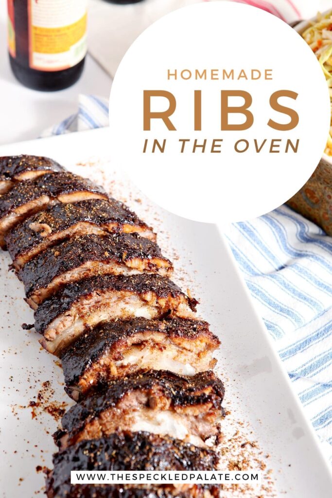 A rack of Memphis-style BBQ ribs on a platter, with Pinterest text