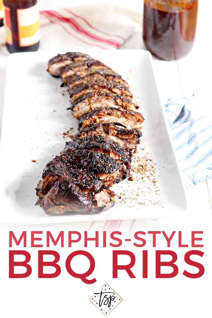 Pinterest graphic for Memphis-Style Barbecue Ribs, showing the ribs on a platter