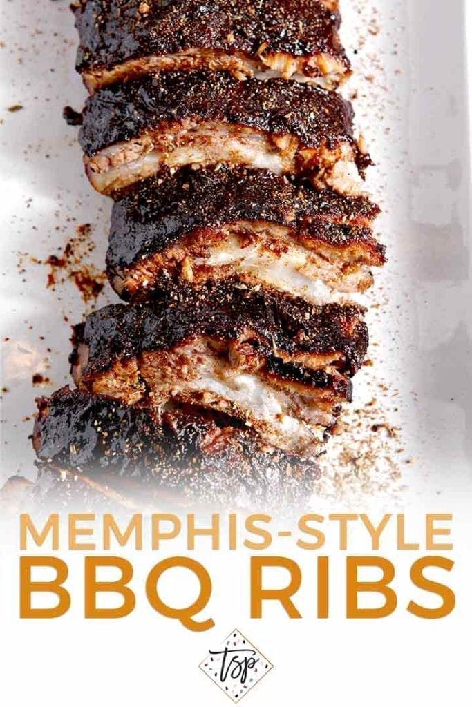 Pinterest graphic for Memphis-Style Barbecue Ribs, showing a close up of ribs