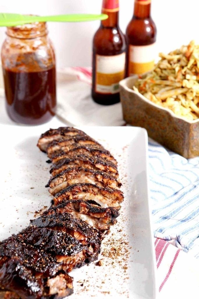 Memphis Style Ribs with slaw, barbecue sauce and beer