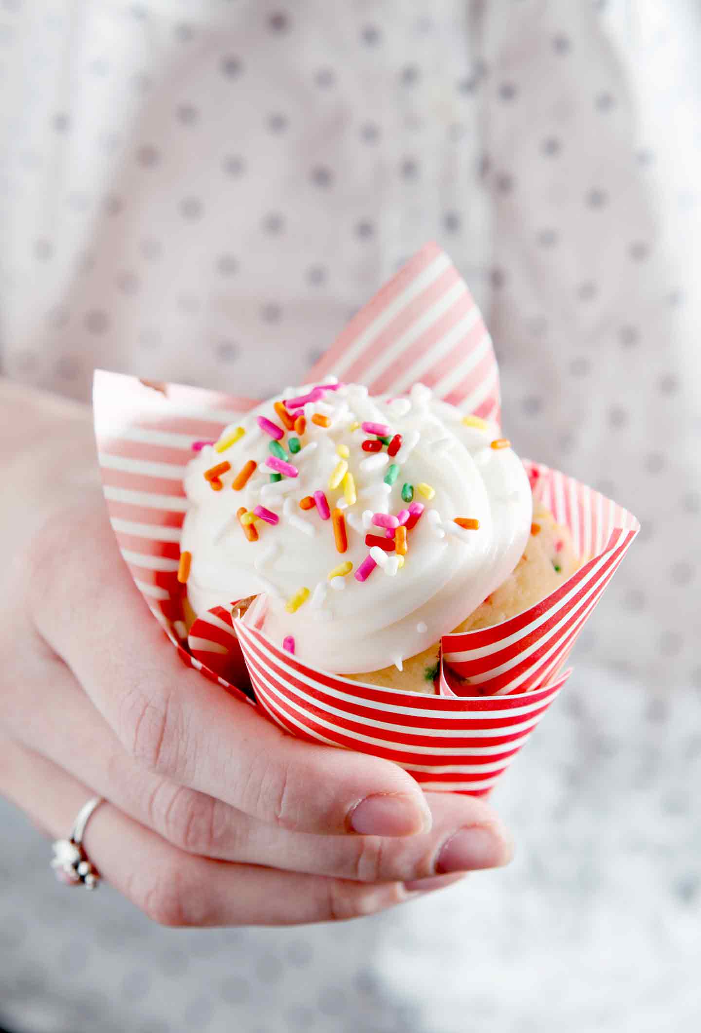 Hand holding a cupcake with sprinkles 