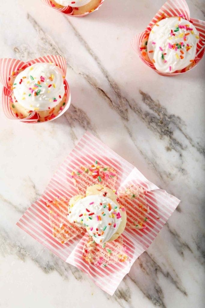 funfetti cupcakes on a marble surface