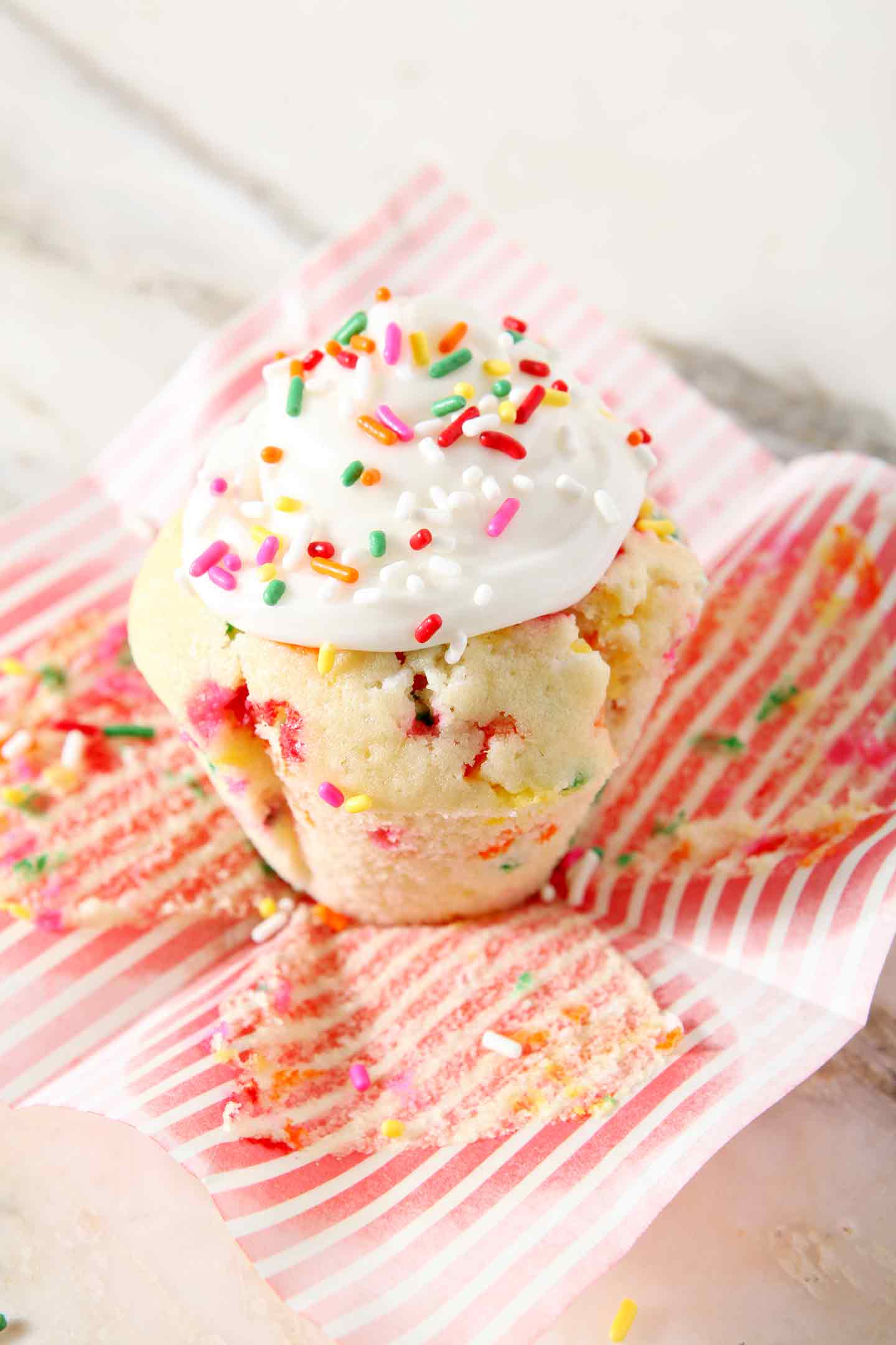 close up of a funfetti cupcake