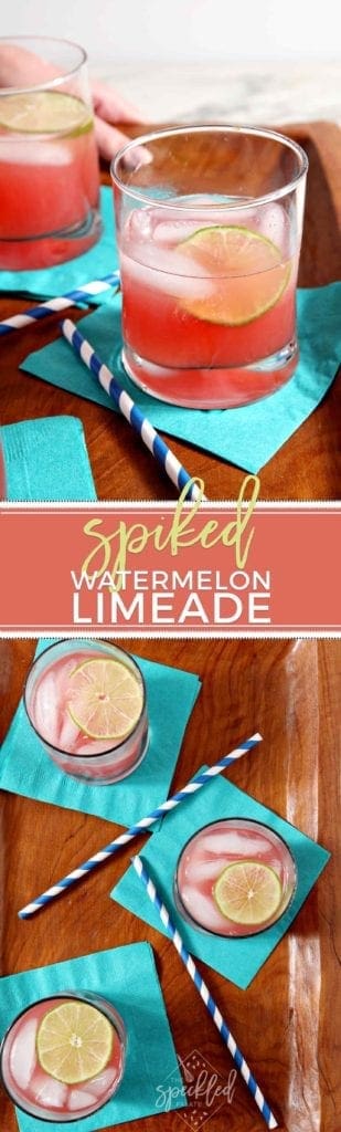 Long pin for Spiked Watermelon Limeade showing a close up of a glass of the drink and an overhead of three drinks on a wooden tray