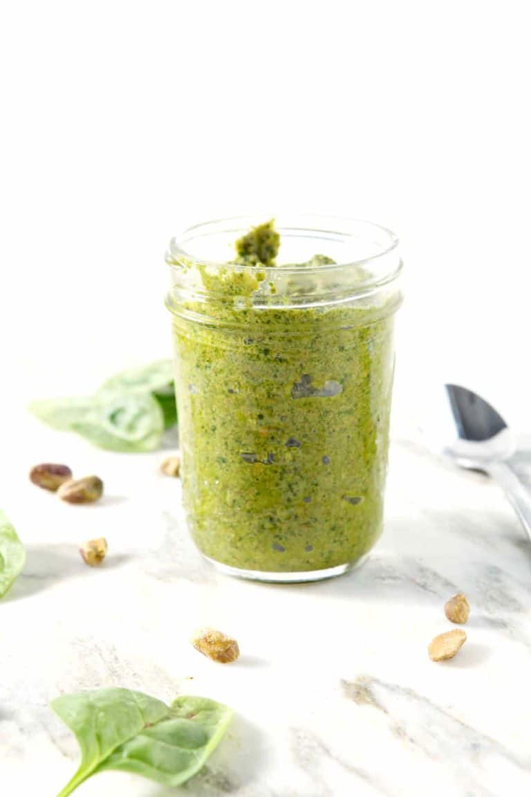 Spinach Pistachio Pesto (Whole30, Dairy Free, Vegan Recipe)