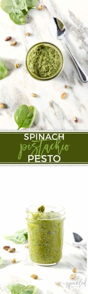 Glass jar of Spinach Pistachio Pesto 