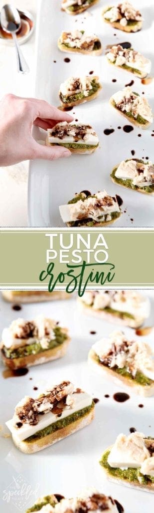 Bite-Sized pieces of Tuna Pesto Crostini on white serving dish 