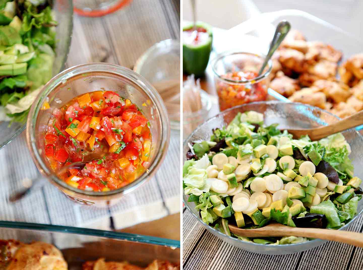 Glass jar filled with tomato salsa and bowl of salad 