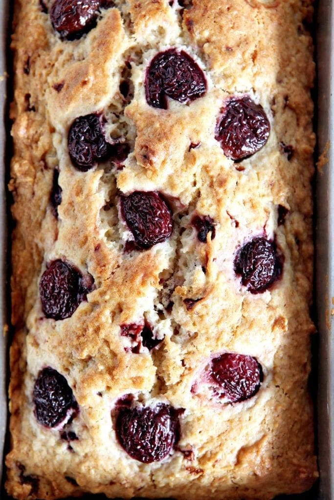 Close up of just-baked Cherry Bread, from above