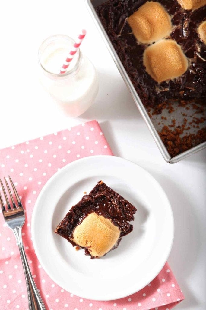 a mint smores bar on a white plate with a fork