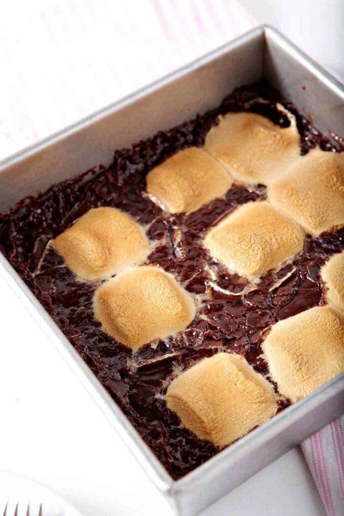 mint smores bars in a baking dish