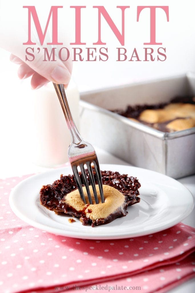 A woman uses a fork to cut into a Mint Smores Bar, with Pinterest text