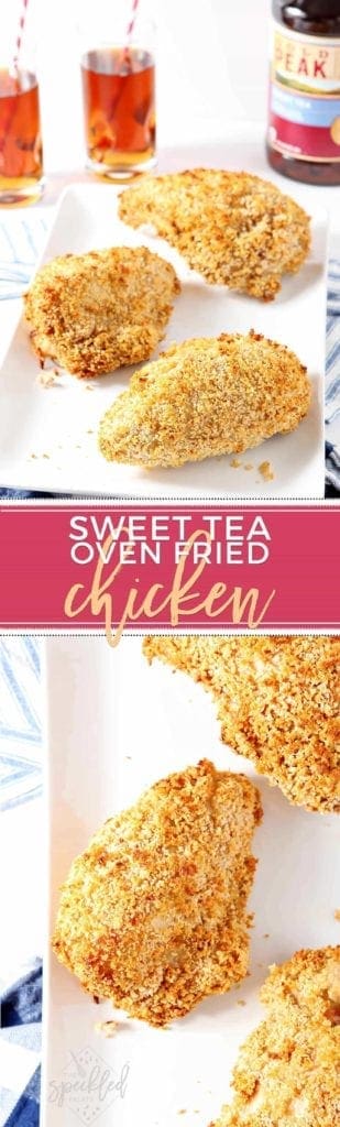 Pieces of Sweet Tea Oven Fried Chicken on white serving dish 